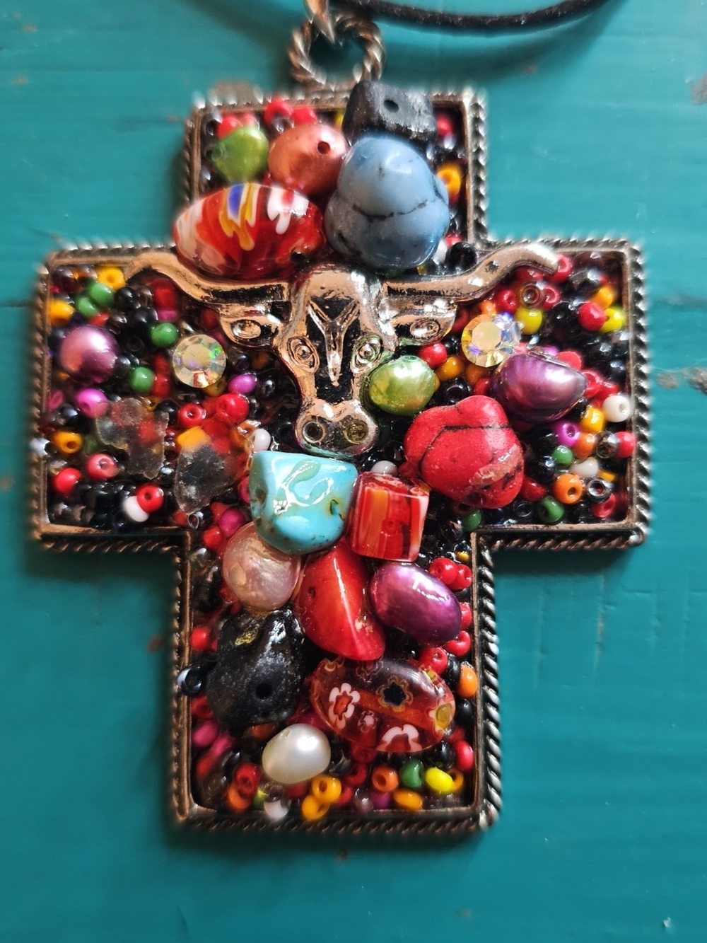 Multicolor Beaded Cross Pendant Necklace with Bull Motif